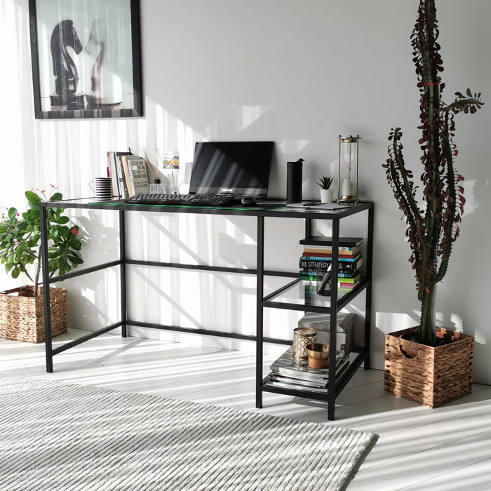 Hanah Home M101 Mesa de Estudio 130x60cm Cristal Templado y Metal Negro Diseño Moderno Industrial
